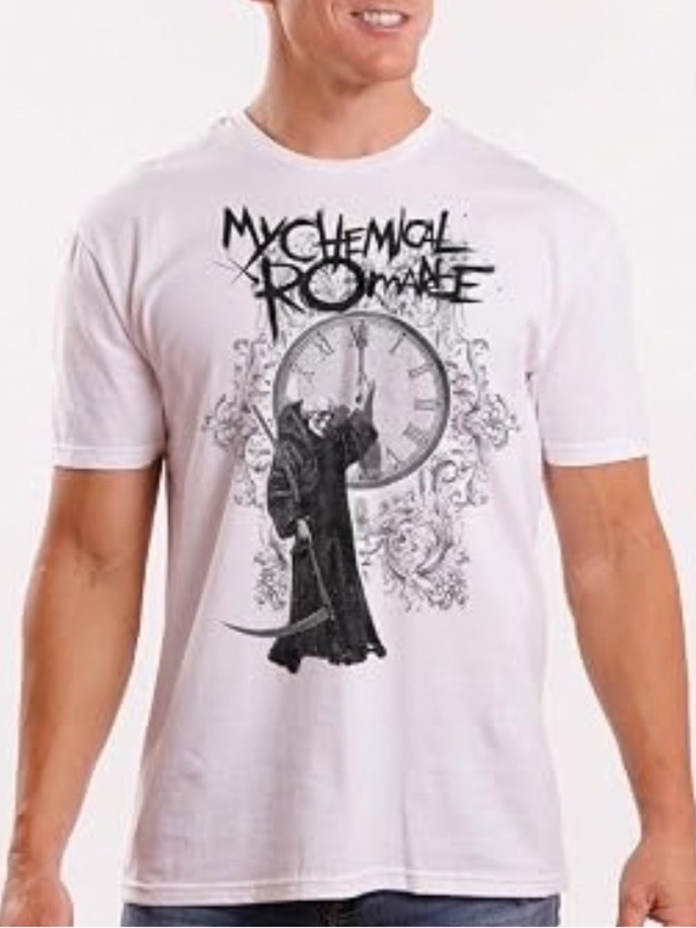 White My Chemical Romance T-Shirt, Classic Features Clock and Reaper Graphic Tee